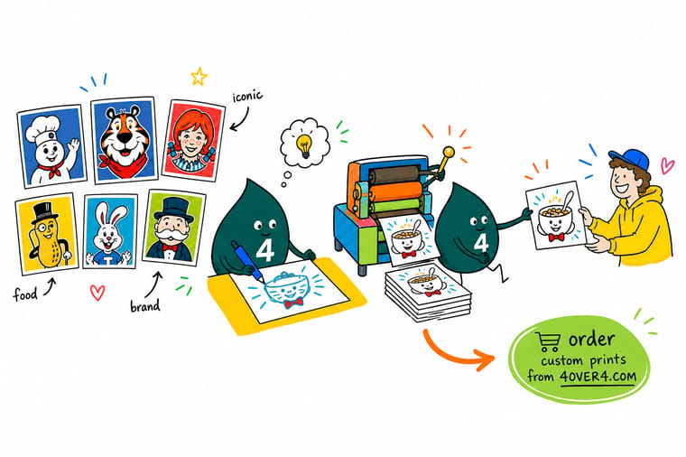 Wally from 4OVER4 sketching a food brand mascot and testing it on a business card, a flyer, and a sign