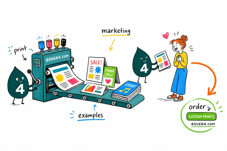 Wally from 4OVER4 pinning fifteen printed marketing pieces on a board and circling the trigger behind each one
