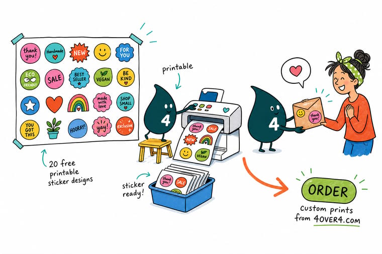 Wally from 4OVER4 sorting free printable sticker designs into packaging, social, promo, and shop floor piles