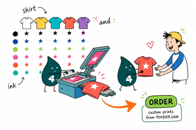 Wally from 4OVER4 holding shirt swatches and ink chips, comparing contrast between a garment color and its printed ink