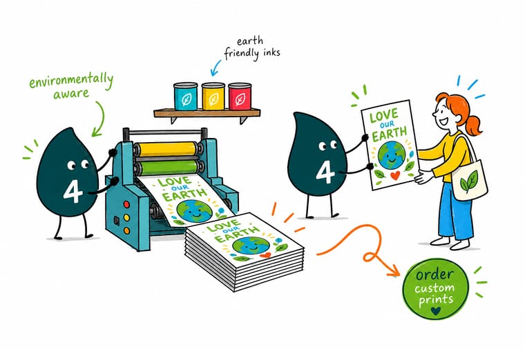 Wally from 4OVER4 sketching an Earth Day poster layout on recycled paper beside a stack of prints