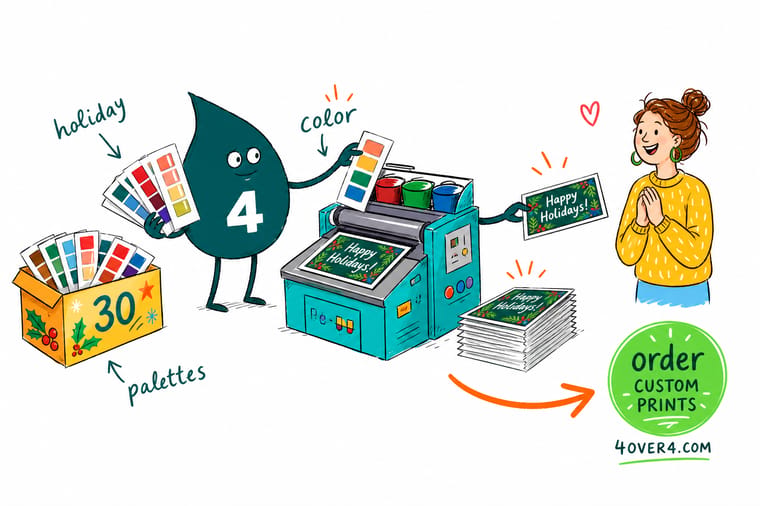 Wally from 4OVER4 arranging holiday color swatches and printing them onto cards, postcards, and banners