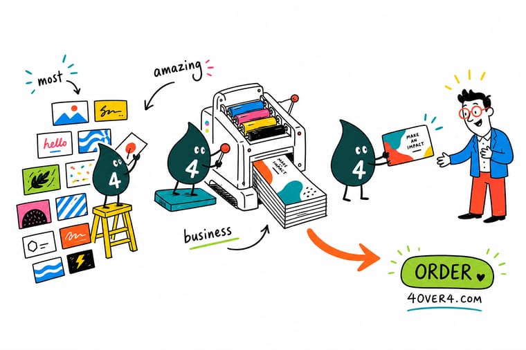 Wally from 4OVER4 turning a plain business card into a thick, foil-finished card people keep