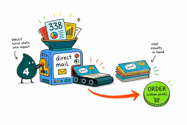 Wally from 4OVER4 standing beside a tall stack of mail that dwarfs a thin pile of ignored digital ads, showing direct mail cuts through