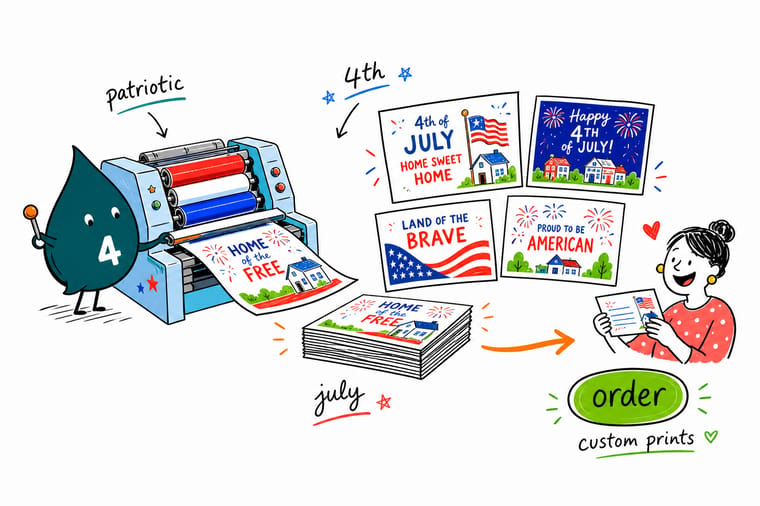 Wally from 4OVER4 sorting patriotic 4th of July real estate postcards before a neighborhood mailing