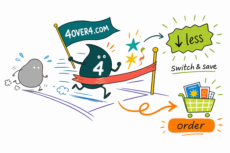 Wally the 4OVER4 mascot weighs a thin 48HourPrint card against a thick premium 4OVER4.COM business card
