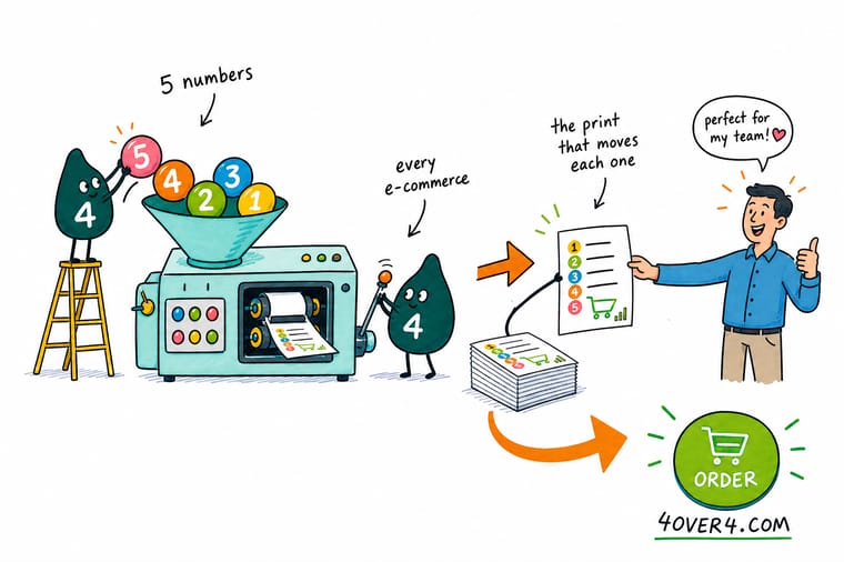 Wally, the 4OVER4 mascot holding a 4, standing at a whiteboard with five figures written on it and pointing from a shipping box to a mailed postcard to a product label