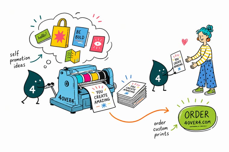 Wally from 4OVER4 mapping a self-promotion kit of business cards, stickers, postcards, and a printed portfolio