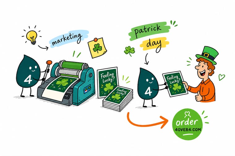 Wally from 4OVER4 mapping out a St. Patrick’s Day marketing plan with printed flyers, banners, and postcards