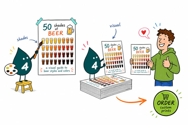 Wally from 4OVER4 holding a beer color chart next to bottles running from pale straw to black stout