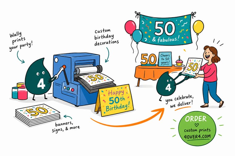Wally from 4OVER4 sketching a 50th birthday banner and yard sign layout for a milestone party