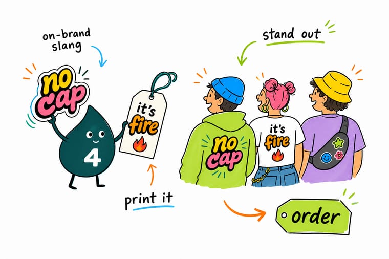 Wally from 4OVER4 turning a Gen Z slang phrase into stickers, a t-shirt, and a poster