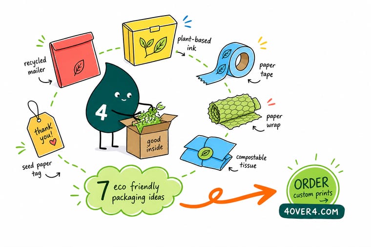 Wally from 4OVER4 stacking recycled kraft boxes, tags, and a reusable tote into one green packaging system, the winner for eco-minded brands