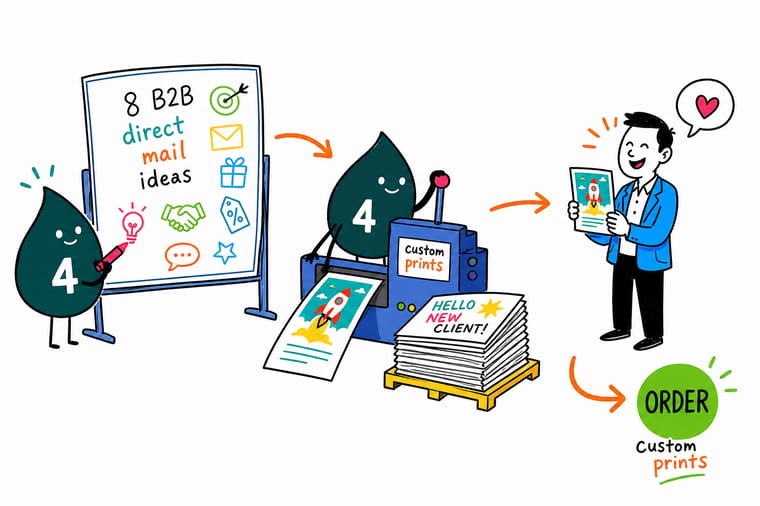 Wally from 4OVER4 planning a B2B direct mail campaign with printed brochures, flyers and letters on a desk