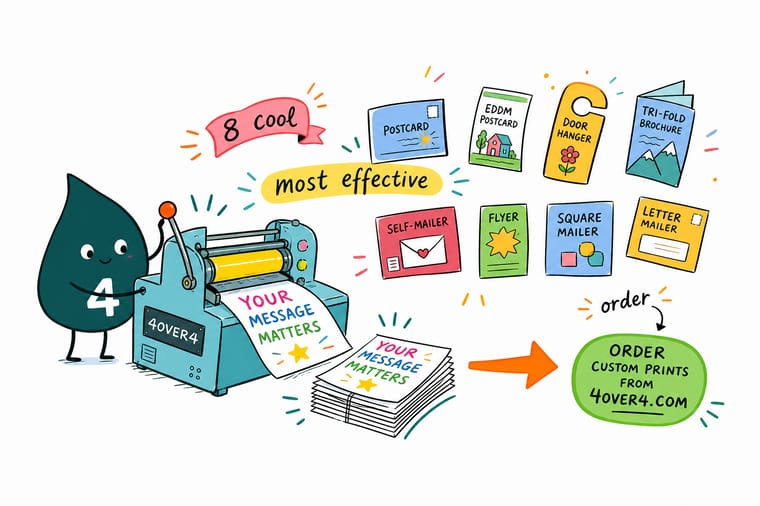 Wally from 4OVER4 matching a direct mail message to postcard, brochure, letter, and box formats