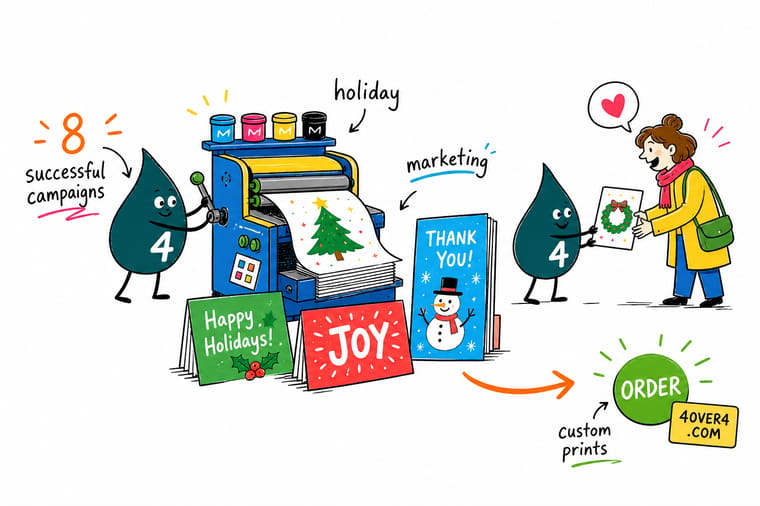 Wally from 4OVER4 running a holiday marketing campaign across a printed card, mailer, and event banner