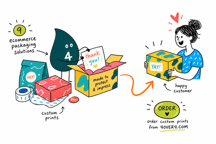 Wally from 4OVER4 packing an ecommerce order, sealing the box with printed tape and dropping a thank you card inside