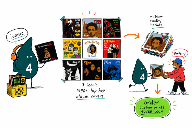 Wally from 4OVER4 unveiling a wall of bold hip-hop CD covers, posters, and stickers pressed from an artist's own cover art
