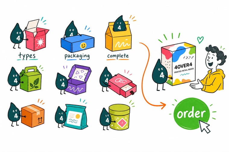 Wally, the 4OVER4 mascot with a 4, sorting boxes, sleeves, and labels into primary, secondary, and tertiary packaging layers