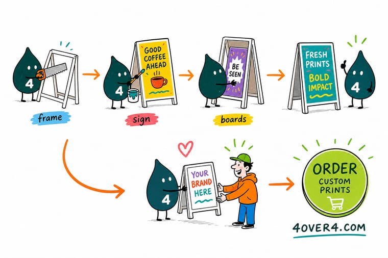 Wally, the 4OVER4 mascot with a 4, sliding a printed 24 by 36 inch board into a folding A-frame while a tape measure shows the frame is bigger than the board