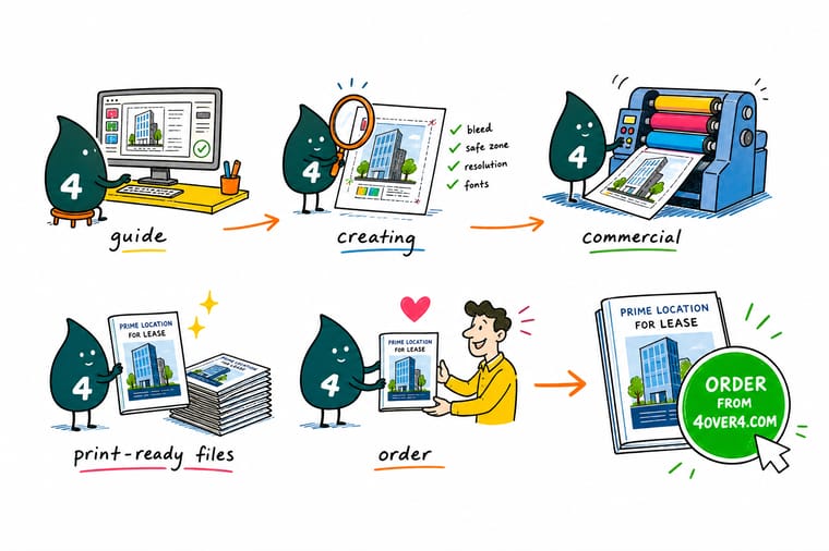 Wally, the 4OVER4 mascot holding a 4, running a design through a checklist of CMYK color, bleed lines, and a press-ready PDF export