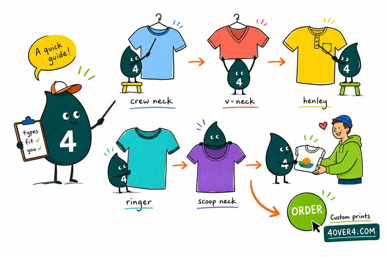 Wally, the 4OVER4 mascot holding a 4, comparing crew, V-neck, scoop, henley, and boat T-shirt necklines