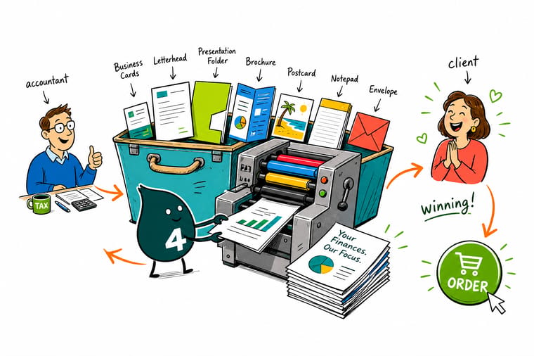 Wally, the 4OVER4 mascot holding a 4, assembling a business card, brochure, and letterhead into a presentation folder for a client meeting