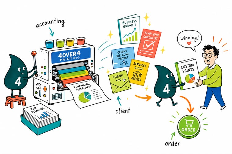 Wally, the 4OVER4 mascot holding a 4, organizing an accounting intake form, appointment card, and presentation folder into one tidy client process