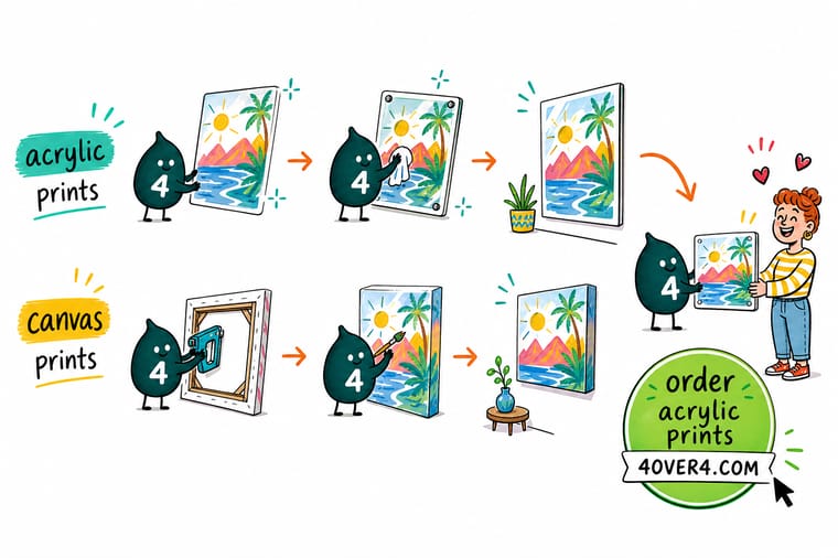 Wally, the 4OVER4 mascot with a 4, holding a glossy acrylic print in one hand and a matte canvas print in the other