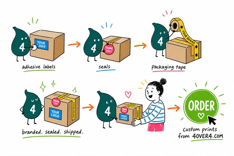 Wally, the 4OVER4 mascot with a 4, pressing a printed label onto a kraft box, closing the flap with a round seal and rolling branded tape down the seam