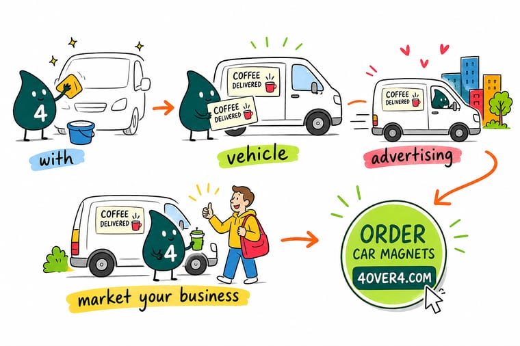 Wally, the 4OVER4 mascot holding a 4, applying a bold car magnet to a company car door with a clear phone number