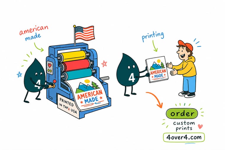 Wally from 4OVER4 pointing at a US map beside a printing press and a stack of finished cards