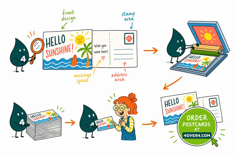 Wally, the 4OVER4 mascot holding a 4, labeling the parts of a postcard back, message left, address right, stamp corner, and pointing to an order button