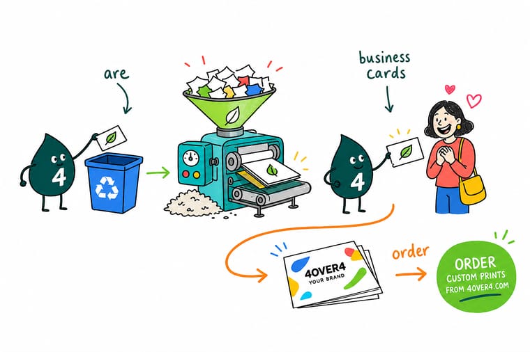 Wally from 4OVER4 sorting business cards into a recycling bin, kraft and uncoated cards going green