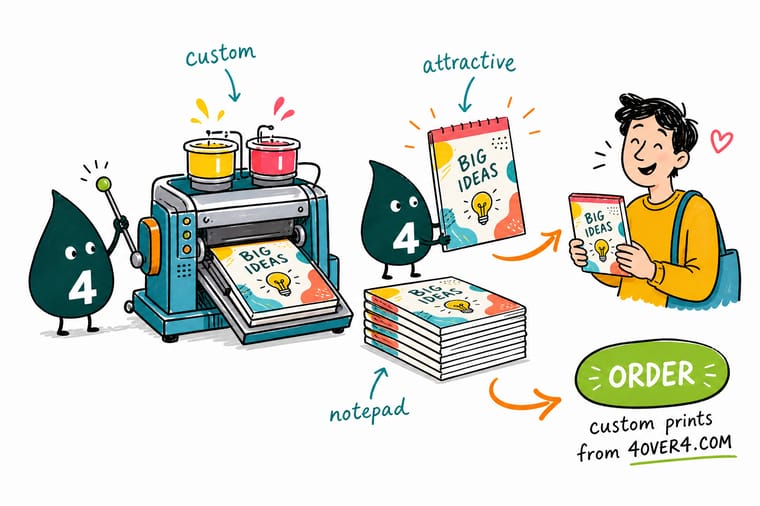 Wally from 4OVER4 turning a logo and brand colors into a custom notepad that stays on the desk and the fridge