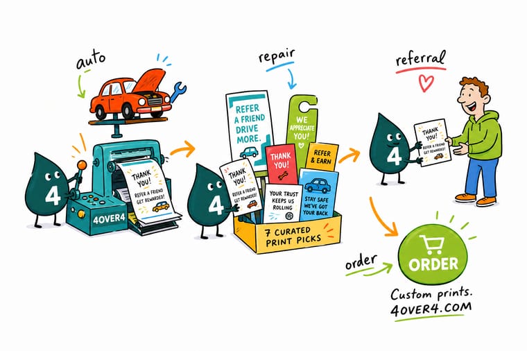 Wally, the 4OVER4 mascot holding a 4, running an auto shop referral loop from counter card to car magnet to reminder postcard