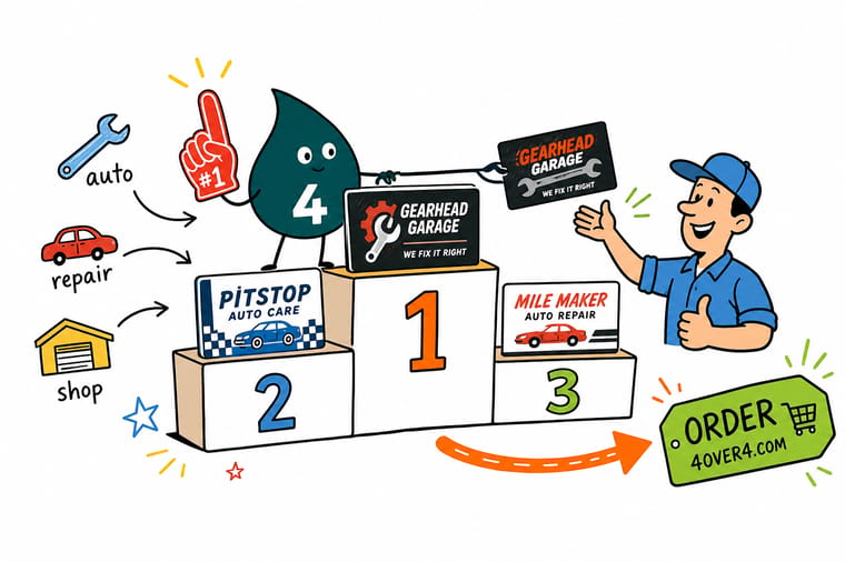 Wally, the 4OVER4 mascot holding a 4, laying out an auto repair banner, business card, work order form, and car magnet as one matching set