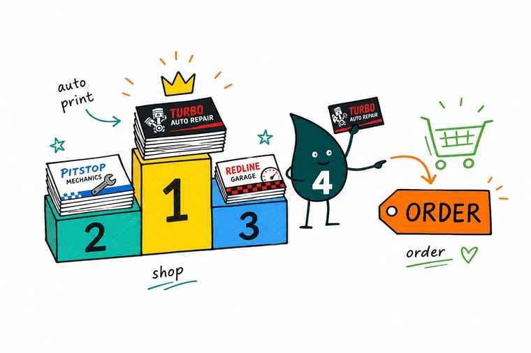 Wally, the 4OVER4 mascot holding a 4, arranging an auto shop banner, a-frame sign, business card, and work-order form as one matching set