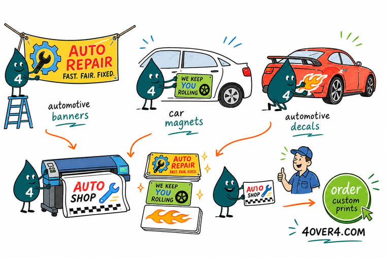 Wally, the 4OVER4 mascot with a 4, holding a fridge magnet against a van door to test the panel before choosing between a magnet, a decal and a banner