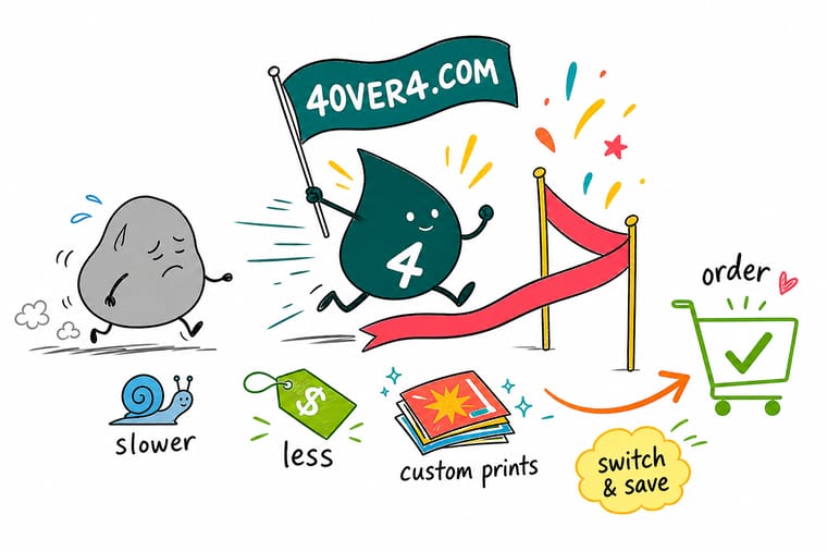 Wally the 4OVER4 mascot holds a thin Avery label sheet beside a thick premium 4OVER4.COM business card