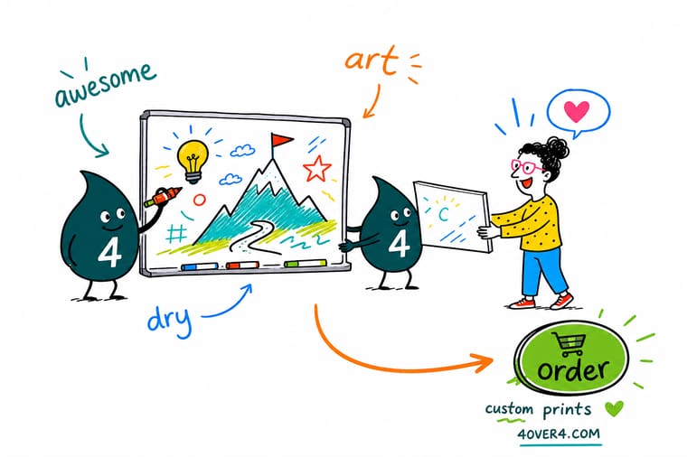 Wally from 4OVER4 sketching a colorful landscape on a dry erase board, ready to wipe and redraw