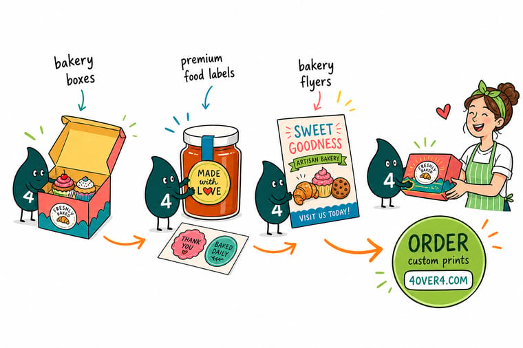 Wally, the 4OVER4 mascot with a 4, holding a plain bakery box in one hand and a printed label in the other, with a stack of flyers on the counter