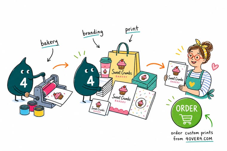 Wally, the 4OVER4 mascot holding a 4, arranging a bakery business card, flyer, menu, sticker, hangtag, banner, and box into one matching branded set