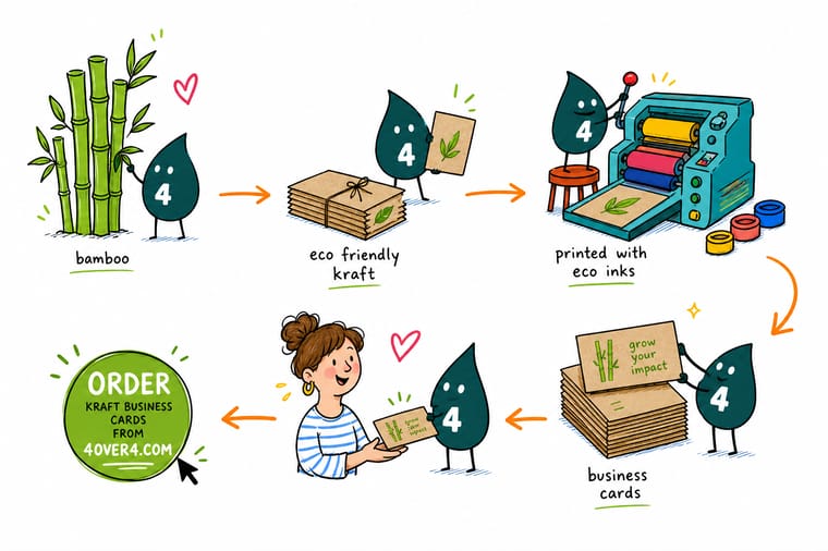 Wally, the 4OVER4 mascot holding a 4, presenting natural kraft, cotton, and wood cards beside a growing plant while an orange arrow points to a green order button