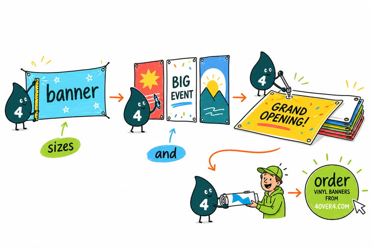 Wally, the 4OVER4 mascot holding a 4, laying artwork onto a banner template with trim, bleed, and safe-area lines next to an order tag