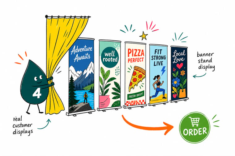 Wally the 4OVER4 mascot setting up a retractable banner stand in seconds at a trade show booth