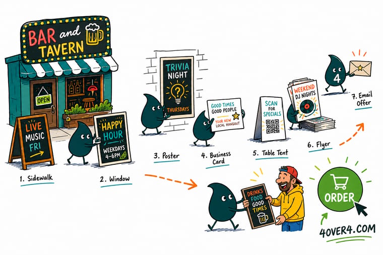 Wally, the 4OVER4 mascot holding a 4, arranging a bar vinyl banner, menu, table tent, drink coaster, and die-cut sticker into one matching lead-gen set