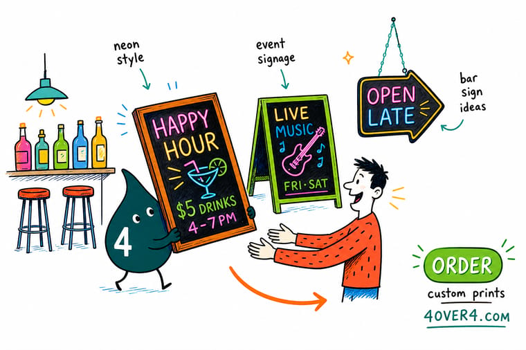 Wally from 4OVER4 hanging a printed neon-style acrylic bar sign and aiming a spot light at it
