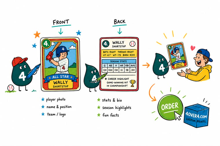 Wally, the 4OVER4 mascot with a 4, holding a baseball card front in one hand and the numbered stat back in the other