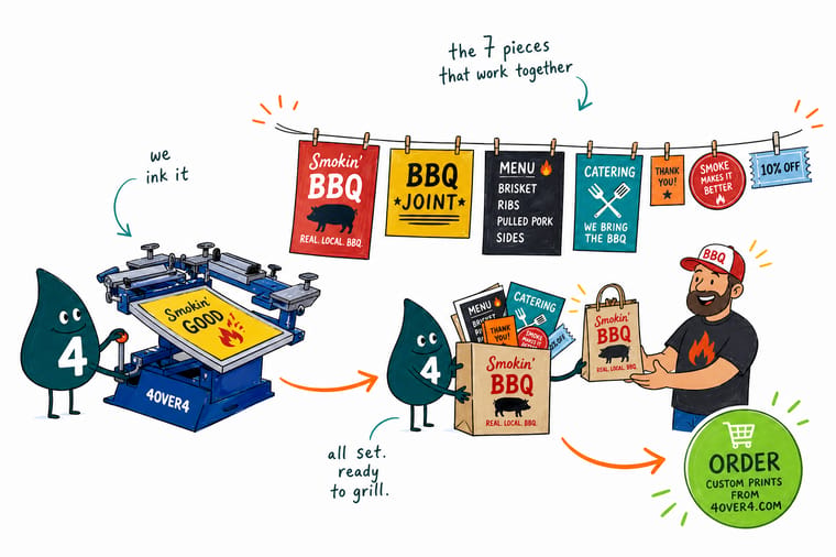 Wally, the 4OVER4 mascot holding a 4, loading a barbecue joint's menu, wrap sticker, banner, and kraft box into one matching set beside a smoker